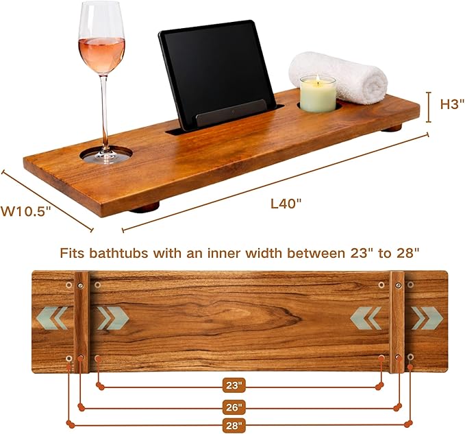 Teak Bathtub Tray for Tub, 40" Solid Teak Wood Bath Caddy Tray with Tablet & Wine Glass Holder, Water-Resistant Bath Tub Tray Wood for Spa Bathroom Accessories