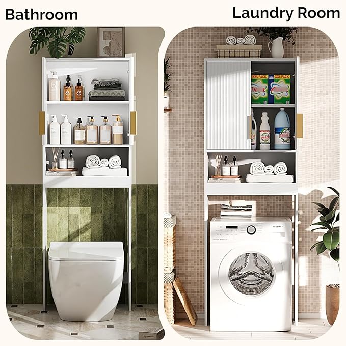 VINGLI Over The Toilet Storage Cabinet White, Modern Bathroom Organizer with Fluted Doors, Freestanding Wooden Space Saver Stand with Adjustable Bottom Bar for Laundry, Gold Handles