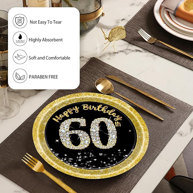 72 Pcs 60th Birthday Paper Plates and Napkins Party Supplies, Back Gold 60th Birthday Party Plates and Napkins Tableware Set for Men Women Cheers to 60 Years Decorations Serves 24