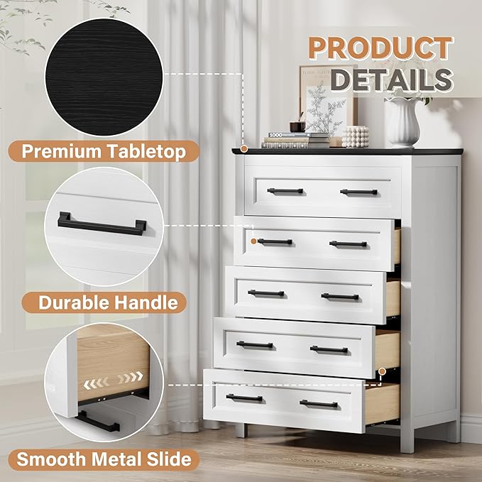 JUMMICO White Dresser Tall for Bedroom,Wooden 5 Drawer Dresser for Nursery,Chest of Drawers for Bedroom, Closet Storage Organizer for Living Room, Hallway, Closet (Black&White)