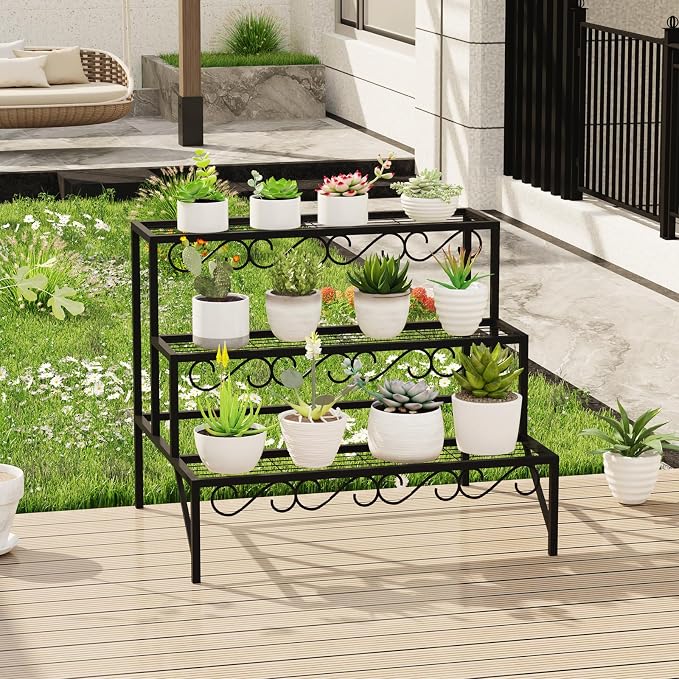 3 Tier Metal Plant Stand Outdoor Indoor, Heavy Duty Flower Pot Holder Display Shelf,Multifunctional storage rack for Patio Garden Livingroom Bedroom,Black