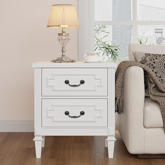 BLANKSPACE Farmhouse White Nightstand wtih Vintage Surface, 26" Tall End Table, Side Table with 2 Drawers Storage Cabinet for Bedroom, Living Room