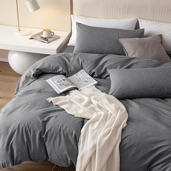 JIYUAN 100% Washed Cotton Duvet Cover Set 2 Pieces Twin, 1 Duvet Cover 68x90 Inches (Comforter Not Included) and 1 Pillowcases,Linen Feel Bedding Set Comfy and Breathable, Heathered Dark Grey