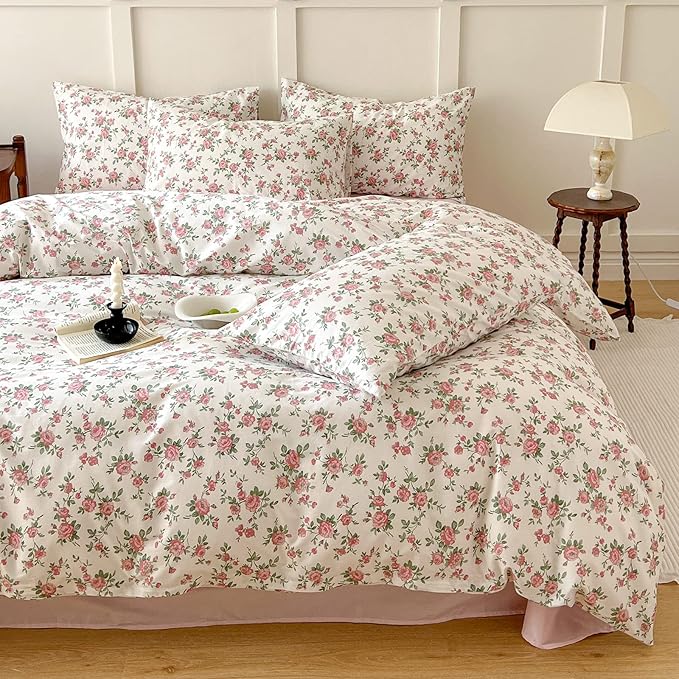 HighBuy Pink Floral Comforter Set Queen Vintage Floral Comforter Sets with Pink Botanical Soft Cozy Queen Bedding Comforter Set with 2 Pillowcases,Cute Floral Bed Comforter Sets for All Season