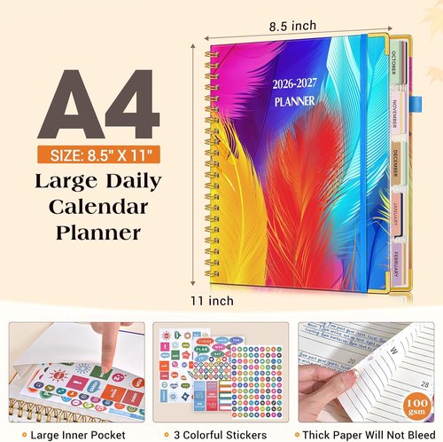 Colorful Feather Planner 2026-2027 | 18-Month Weekly & Monthly Organizer - Large A4 Hardcover, 8.5" x 11"