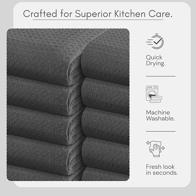 TWINY threads Grey Waffle Weave Dish Towels, 6 Pack, 16x26 Inches, Premium 100% Cotton Kitchen Linen Set, Absorbent Tea Cloths for Cleaning, Drying Dishes, Machine Washable, Durable, Quick Dry, Gray