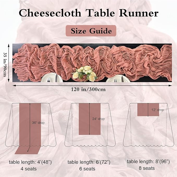 Booque Valley Dusty Blush Cheesecloth Table Runner 10ft Super Soft Boho Wrinkled Gauze Sheer Cloth for Baby Shower Baptism Birthday Party Wedding Centerpiece Table Decoration, 35x120 Inch