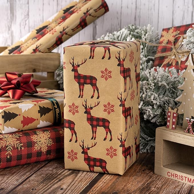 MAYPLUSS Kraft Christmas Wrapping Paper Roll - Mini Roll - 17 inch X 120 inch Per roll - 3 Different Red Reindeer & Snowflakes Design (42.3 sq.ft.ttl)