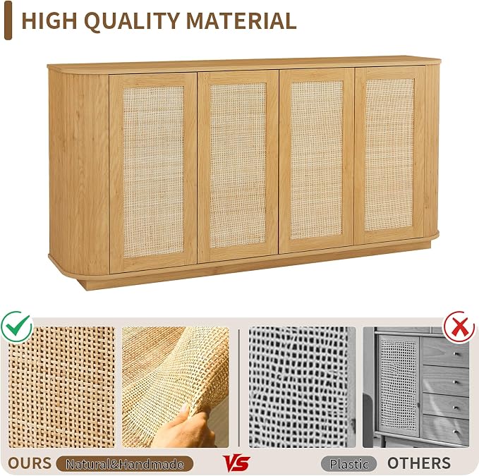 64" Sideboard Buffet Rattan Cabinet, Modern Fluted Credenza with Adjustable Shelves, Wooden Storage Cabinet TV Stand for Living Room Kitchen Dining Room Hallway, Natural