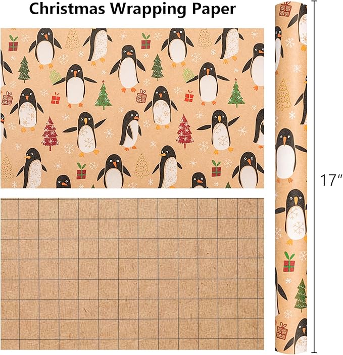 MAYPLUSS Christmas Wrapping Paper Roll - 17IN X 33FT - Kraft Gift Wrapping Paper Featuring Cute Penguin Christmas Tree Snowflake Reversible Cut Lines for Kids, Holiday, New Year
