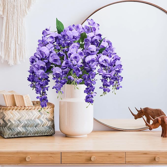 HyeFlora Wisteria Artificial Flowers for Indoor Decoration, 2Pcs Purple Fake Hanging Flowers for Table, Kitchen, Living Room, Bathroom, Home, UV & Fading Resistant Office Decor