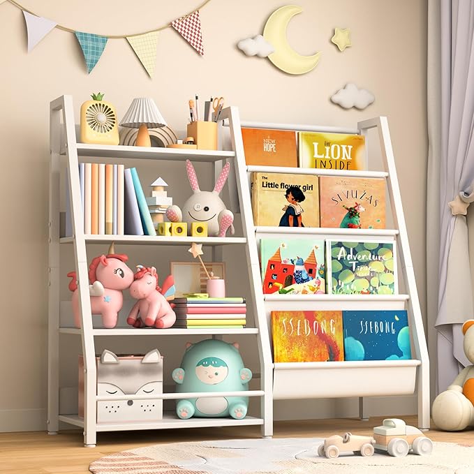 4 Tier Kids Bookshelf Toddler Bookshelf and Toy Storage Organizer, Bookcase Nursery Book Shelf for Bedroom, Playroom and Nursery, White