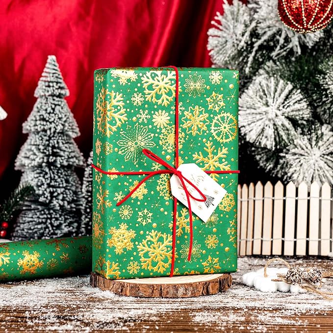 Flyhill Kraft Christmas Green Wrapping Paper,Gold Luxury Snowflake Metallic Gold Embossed Foil Gift Wrap Roll Design for Holiday, Party,Celebration, New Year (17 Inch X 32.8 Feet)