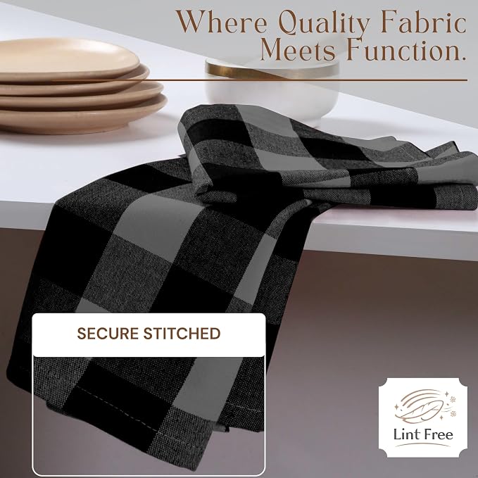 4 Pack Light Grey and Black Buffalo Check Kitchen Towels, 16"x26", Plaid Dish Towels, Absorbent Cotton Cloths for Drying Hands, Cleaning Spills, Farmhouse Kitchen Décor, Holiday