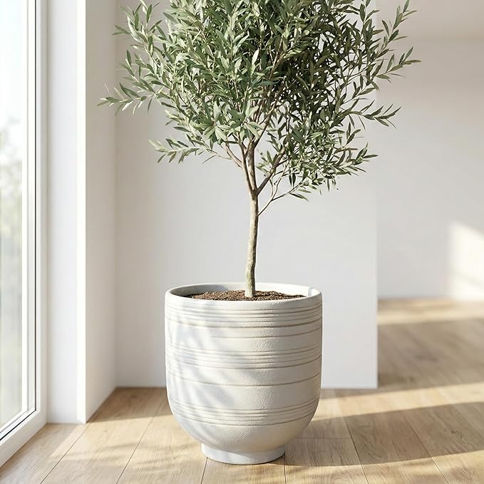 HERDUK Large White Ceramic Planter for Indoor Trees, Modern Indoor Floor Planter Pot for Olive Trees & Faux Olive Trees, Pottery Planter with Drainage for Real Plants