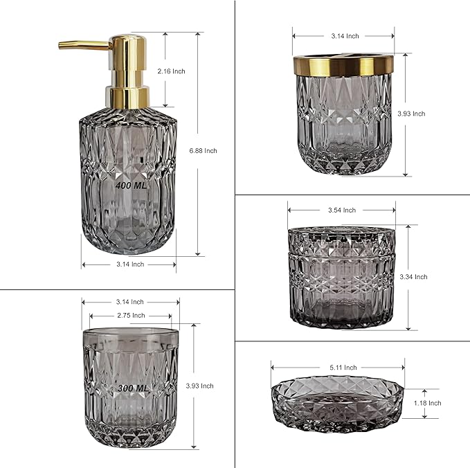 LaMarriti Gray Bathroom Accessories Set, 5Pcs Glass Bathroom Set, Soap Dispenser and Toothbrush Holder Set, Soap Dish, Q-Tips Holder Set, Black and Gold Accent for Vintage Bathroom Decor