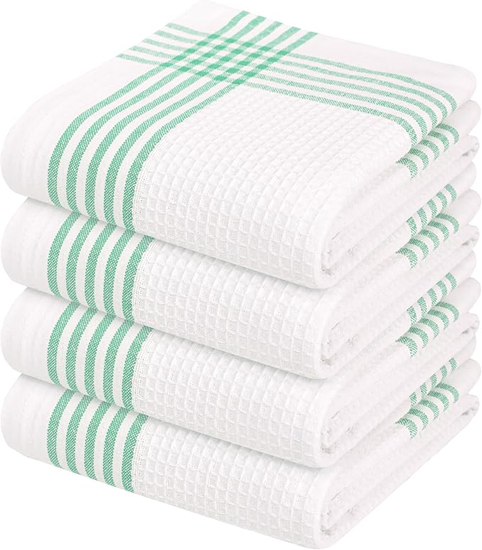 Waffle White & Dark Green Kitchen Towels 4 Pack, 100% Cotton, 16x26 inches, Super Absorbent Tea Towel for Drying Dishes, Quick Drying Kitchen Cloth Set for Daily Cooking, Cleaning
