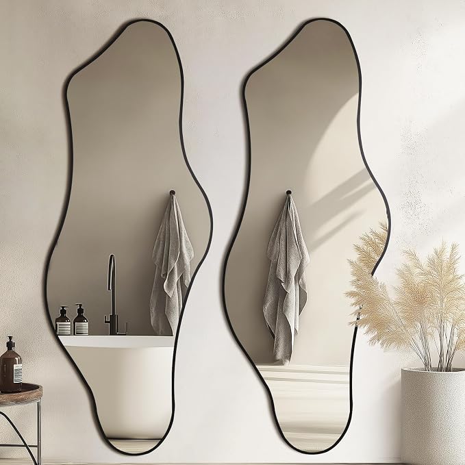 Mirrorons Irregular Wall Mirror 63×24, Black Asymmetrical Decorative Bathroom Mirror, Cloud Mirror, Modern Vanity Mirror, Shatterproof Black Mirror