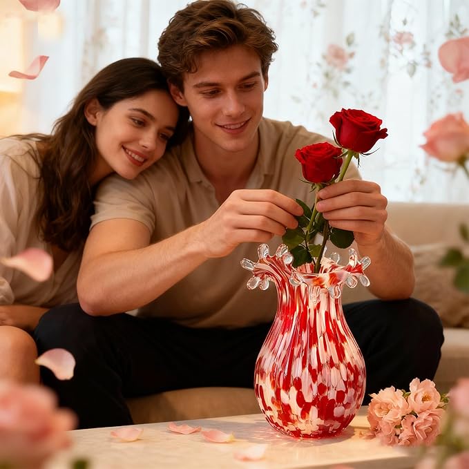 QFkris Hand Blown Glass Vase for Flowers, 8 Inch Red Crystal Bubble Flower Vases for Bouquet Home Decor Decorative Centerpieces, Unique for Mom, Valentine's Day Gift for Her Lover