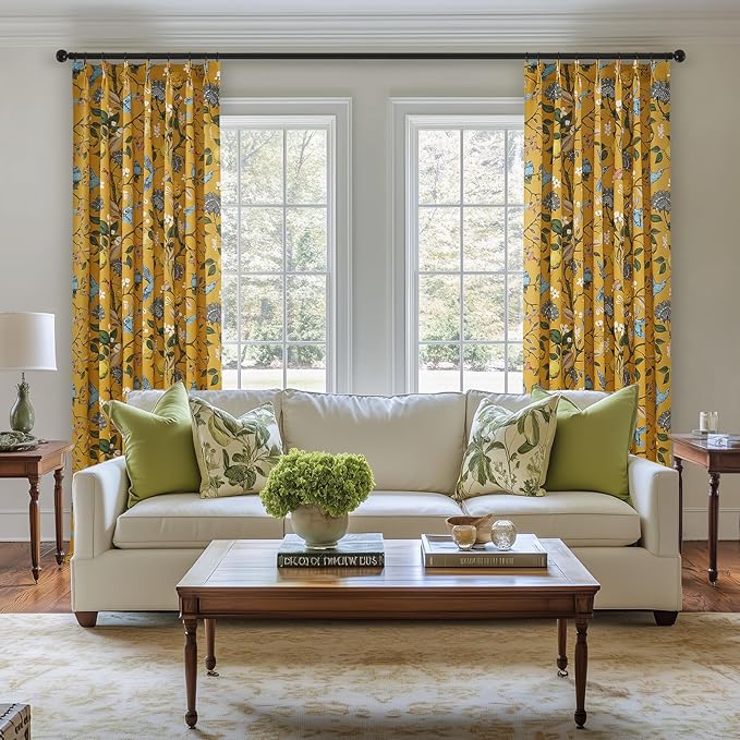 90 Inches Long Curtains 2 Panels for Living Room Bedroom Unique Elegant Colorful Floral Hummingbird Patterned Rustic Mustard Yellow Pinch Pleated Drapes for Classroom Room Office 40x90