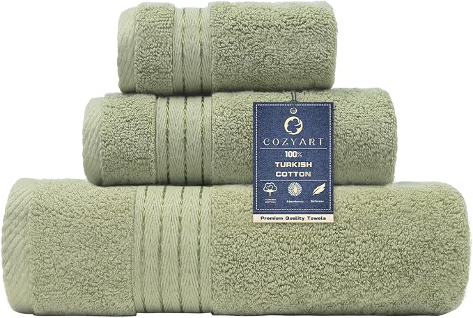 COZYART Luxury Sage Green Bath Towels Set 3 pcs, Turkish Cotton Hotel Large Bath Towels for Bathroom, Thick Bathroom Sets of 3 with 1 Bath Towel, 1 Hand Towel, 1 Washcloth, 650 GSM