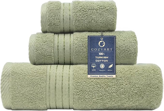 COZYART Luxury Sage Green Bath Towels Set 3 pcs, Turkish Cotton Hotel Large Bath Towels for Bathroom, Thick Bathroom Sets of 3 with 1 Bath Towel, 1 Hand Towel, 1 Washcloth, 650 GSM