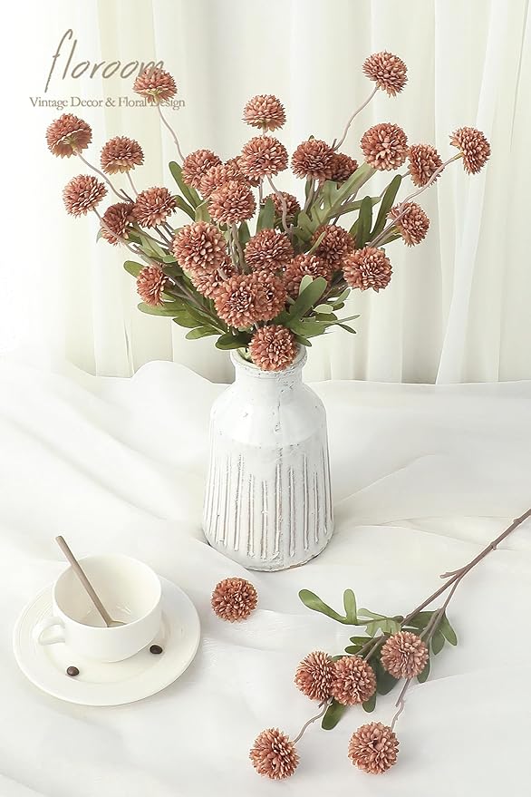 Floroom 5pcs Terracotta Faux Silk Mums Artificial Flowers, Bulk Fake Small Mini Chrysanthemums with Stems for DIY Wedding Centerpieces Floral Arrangements Vase Fillers Home Decorations