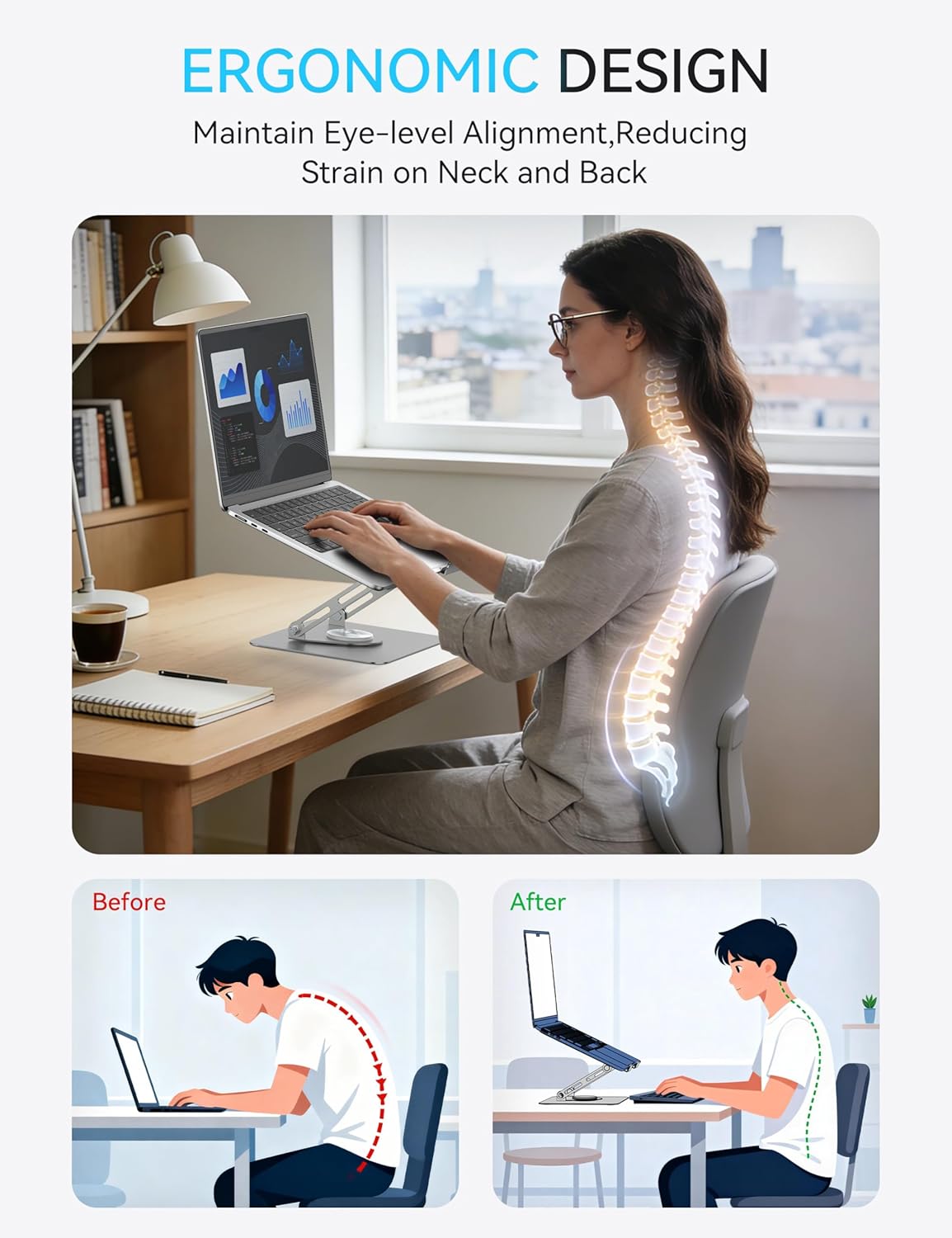 SOUNDANCE 360 Rotating Laptop Stand - Ergonomic Adjustable Height Metal Holder | Portable Silver Grey