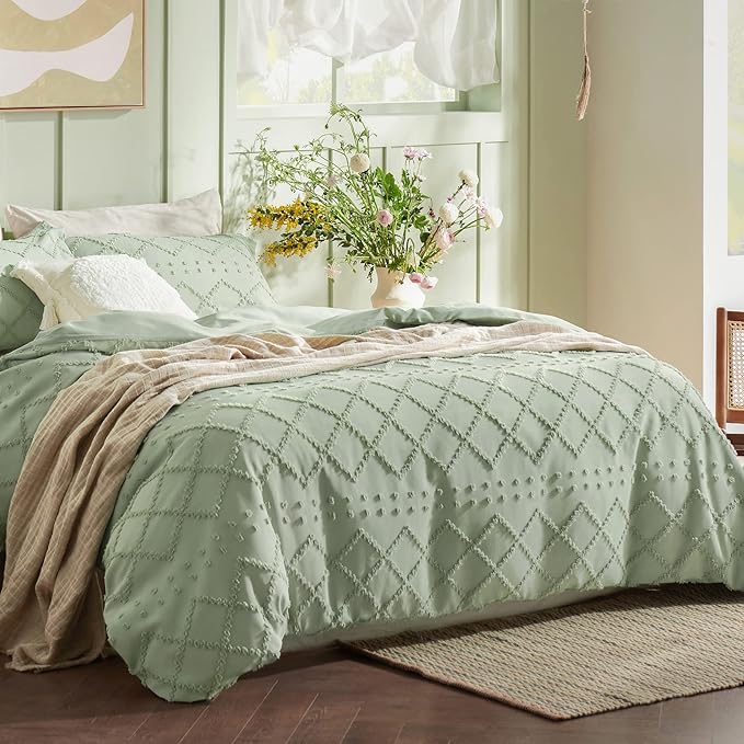 Bedsure Boho Duvet Cover King Size - Sage Green Breathable & Soft Boho Bedding, Machine Washable Comforter Cover for All Seasons, Includes 1 Duvet Cover 104"x90" with 2 Pillow Shams & Zipper Closure