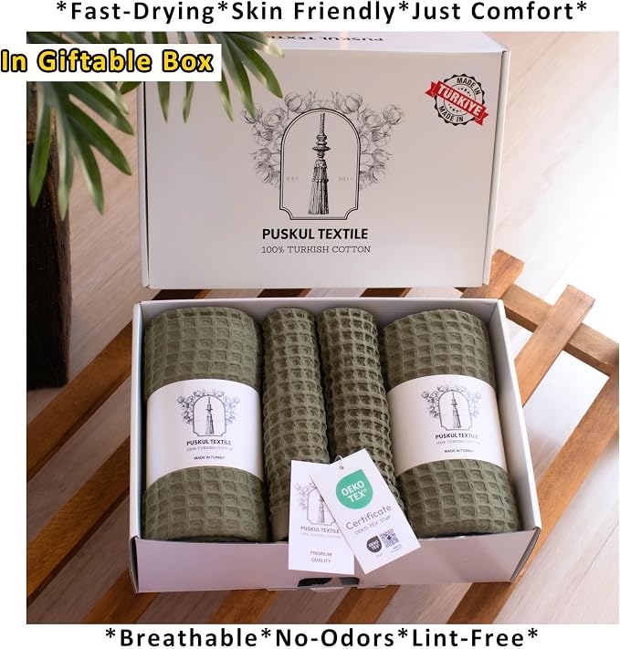 PÜSKÜL 4-Piece Natural 100% Turkish Cotton Luxury Waffle Towels for Bathroom | Premium Honeycomb Weave 2 Hand Towel & 2 Bath Towel Set | Soft Absorbent Quick-Dry Lightweight Towels (Khaki Green)