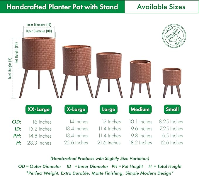 D'vine Dev 12 Inch Modern Geometric Tile Patterned Sleek Planter Pot with Stand, Indoor Outdoor Decorative Plant Holder, Terra Cotta, 88-Z-C-3