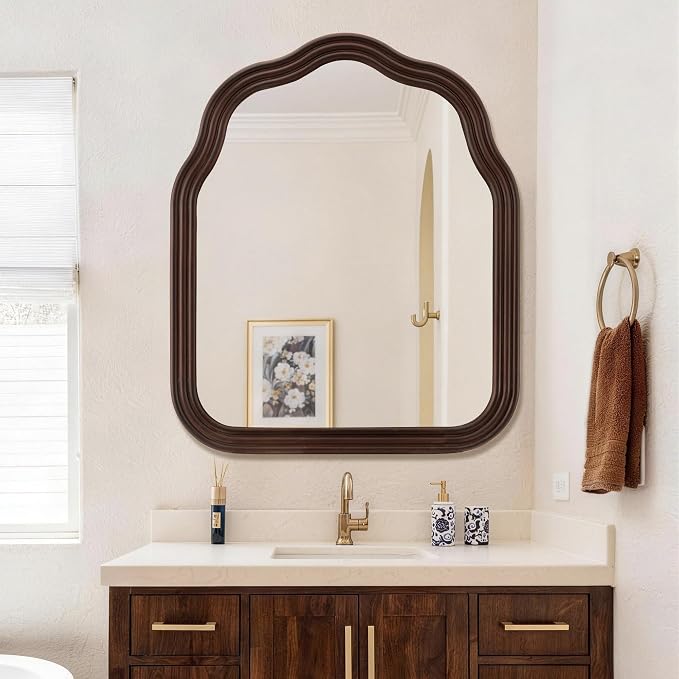 Tanmicoshomy Wood Arch Bathroom Mirror 30x36 Inch, Rustic Wavy Wooden Framed Mirrors with Tempered Glass for Living Room, Bedroom or Entryway (Dark Brown)