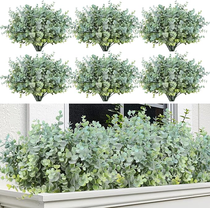 RECUTMS 20 Bundles Faux Eucalyptus Stems Artificial Plants Outdoor Faux Greenery for Outdoor Planters Boxwood Bushes for Farmhouse Bathroom Office Vase Centerpiece Indoor Outdoor Decor(Dusty Blue)