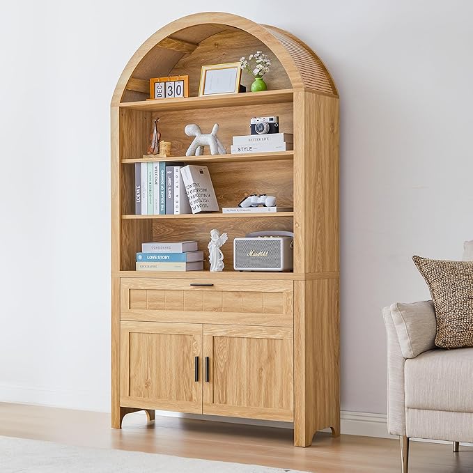 Turtle&Myrtle 73" H Large Arched Bookshelf，5-Tier Arch Bookcase with Doors，Mid Century Modern Book Shelf with Drawers，Wood Bookshelf w/Open Display Shelves for Living Room, Office (Natural)