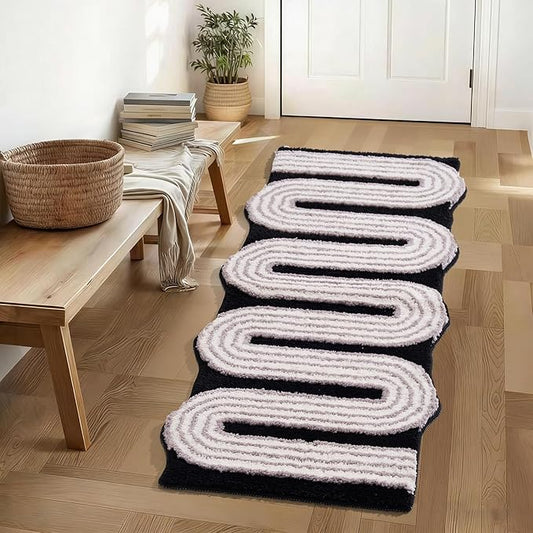 Geometric Design Boho Runner Bathroom Rugs, Long Scalloped Cute Bath Mat Non Slip for Bedroom Kitchen Hallway Laundry Room, Funky Retro Farmhouse Bath Rug Washable, Black/Grey, 51"x20"