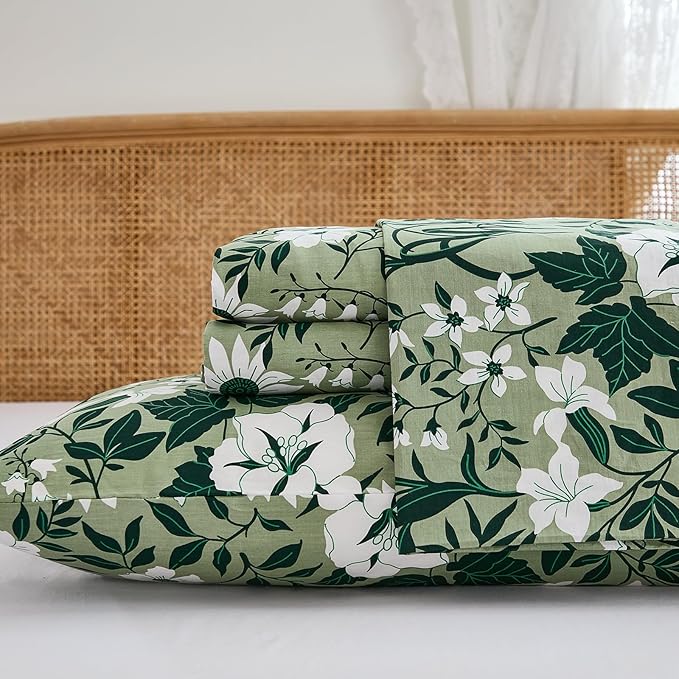 100% Cotton Sheet Set King Size – 4-Piece Luxury Forest Green Floral Bedding, Soft Breathable Percale Weave, Deep Pocket Fitted Sheet 17.5", Crisp Cool Feel, Refined Botanical Elegance