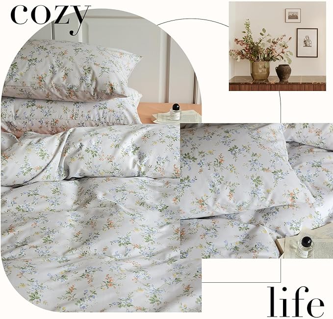 LifeTB Vintage Floral Duvet Cover Set Queen 100% Cotton Girls Garden Style Blossom Flower Comforter Cover Botanical Cottagecore Style Duvet Cover with 2 Pillowcases Farmhouse Bedding Set