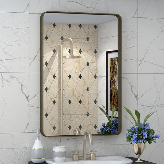 16x24 Bronze Bathroom Mirror, Rounded Rectangle Bronze Frame Mirror, Brushed Bronze Bathroom Vanity Mirror Wall-Mounted, Anti-Rust, Hangs Horizontally or Vertically