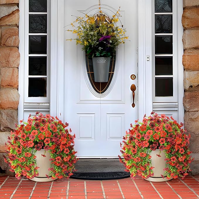 Artificial Fake Flowers Plants for Outdoor Fall Decoration, 2PCS Faux Mums Flowers for Outside UV Resistant Realistic for Porch Patio Garden Yard Balcony Home Decor(Red Brown)