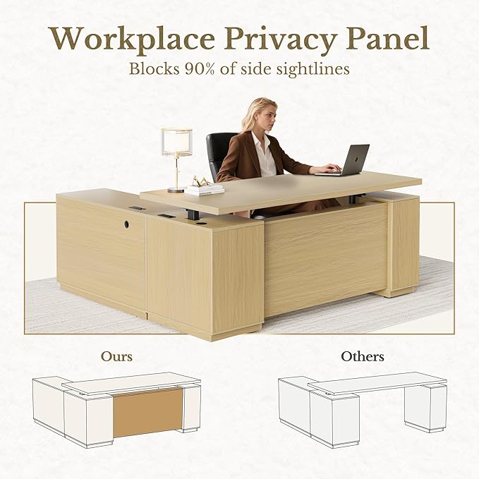 Standing Desk with File Cabinet, 70 Inch L Shaped Electric Height Adjustable Executive Desk with AC/USB and Privacy Panel, Computer Corner Table for Home Office, Light Walnut
