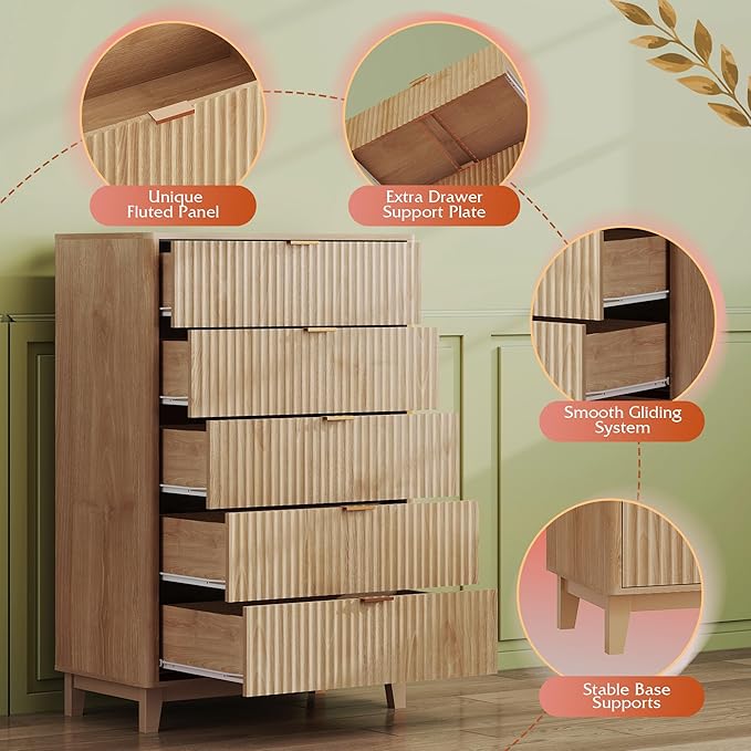 WLIVE Fluted Dresser for Bedroom with 5 Drawers, 46.26" Tall Wooden Dresser with Golden Metal Handles, Mid Century Modern Chest of Drawers for Living Room, Hallway, Closet, Natural Oak