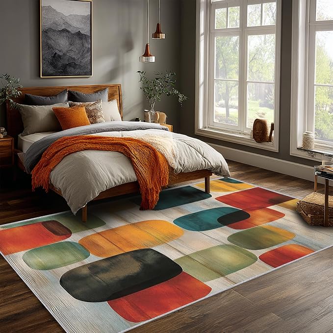 Mid Century Geometric Area Rug 6x9 ft, Retro Color Block Abstract Statement Rug, Low Pile Non-Slip Washable Indoor Rug for Living Room Bedroom