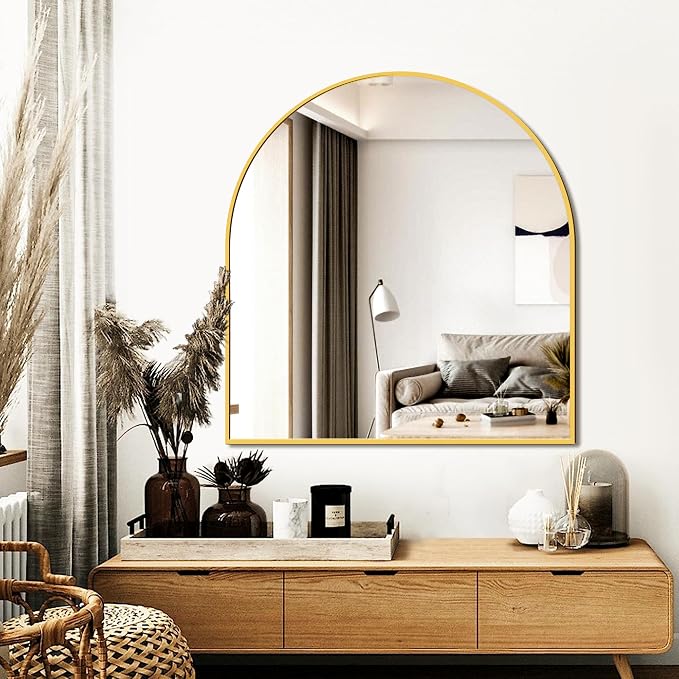 FICTOR Bathroom Mirror for Wall, Arched Vanity Bathroom Mirror for Over Sink, Metal Framed with HD Shatter-Proof Glass for Entryway, Living Room,Bedroom(30” x 32”, Gold)