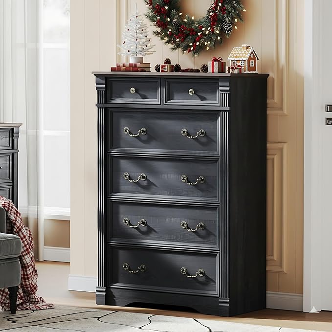 Black 6 Drawers Dresser, 47" Tall Dresser for Bedroom, Wood Rustic Tall Chest of Drawers with Chic Wood Pilasters, Farmhouse Dressers Organizer for Bedroom, Hallway