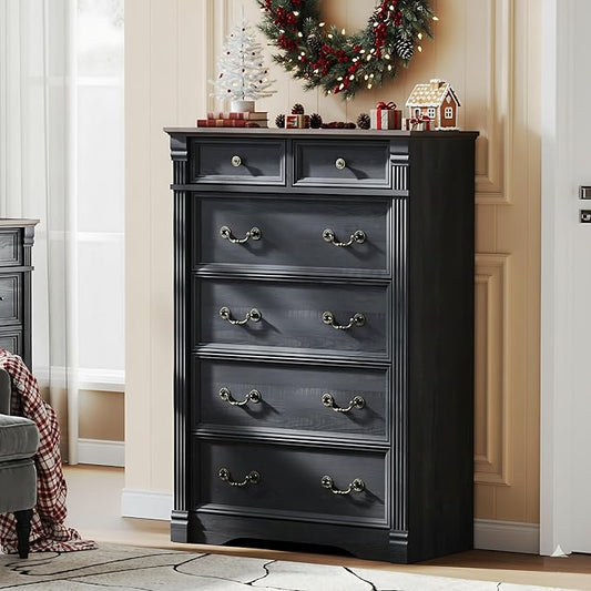 Black 6 Drawers Dresser, 47" Tall Dresser for Bedroom, Wood Rustic Tall Chest of Drawers with Chic Wood Pilasters, Farmhouse Dressers Organizer for Bedroom, Hallway