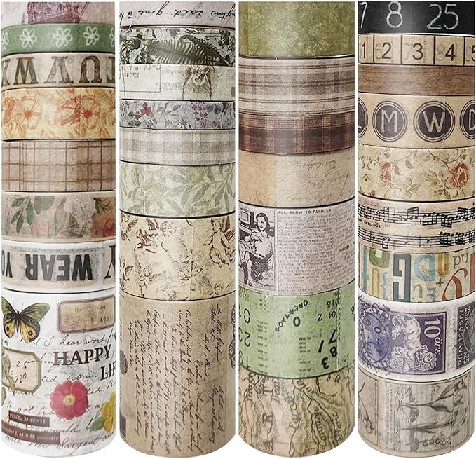 Bomichi 32 Rolls Vintage Washi Tape, Aesthetic Colored Decorative Cute Scrapbook Tape for Scrapbooking Supplies Journaling Craft Junk Journal