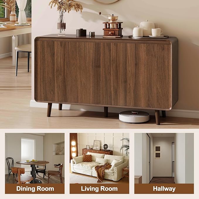 Nasonet Mid Century Modern Buffet Cabinet with Storage, 55 Inch Sideboard Credenza with Doors & Shelves Console Coffee Bar Table for Living Room, Kitchen, Dining Room and Hallway, Walnut