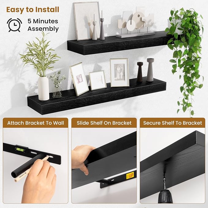 Fun Memories Floating Shelves 30 Inch, Wall Mounted Wood Shelf Set of 2, Farmhouse Decor for Bathroom, Bedroom, Kitchen, Living Room, Black