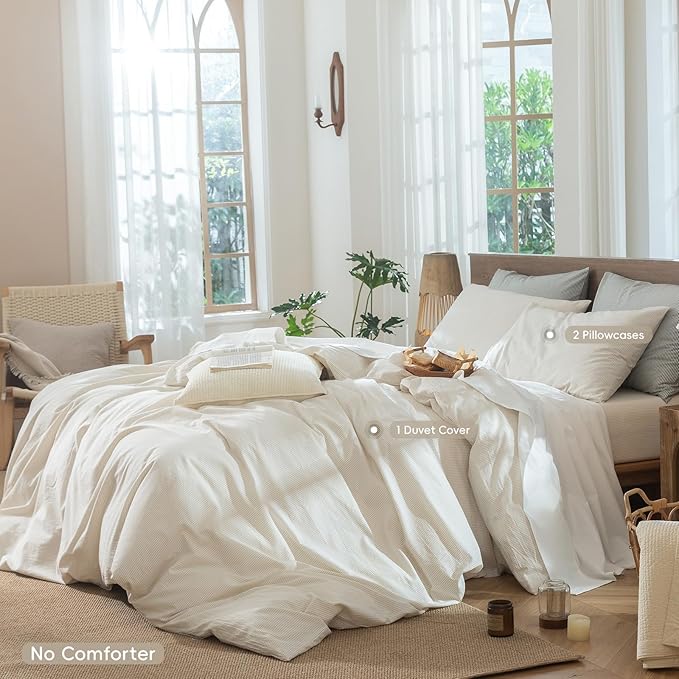 MooMee Striped Duvet Cover Set 100% Washed Cotton Linen Like Textured Breathable Durable Soft Comfy (Almond Milk Grey Pinstripes, Palatial King/Oversized King 120"x98")