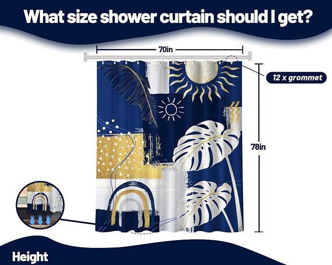 Blue and White Mid Century Modern Shower Curtain Bohemian Abstract Navy Blue and Gold Shower Curtains for Bathroom Decor Sets, Waterproof Cloth Fabric with Hooks, 70x78 Inch